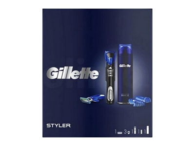 GILLETTE box Styler + náhradní hlavice + gel Sensitive + stojan